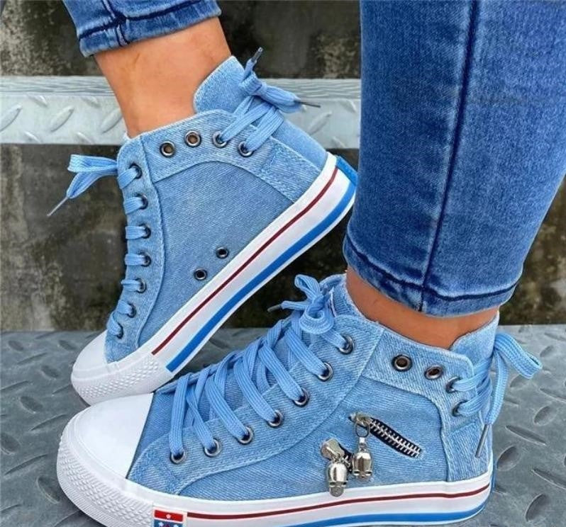 Women's Denim High-Top Sneakers with Lace-Up Closure – Casual Comfortable Footwear 0