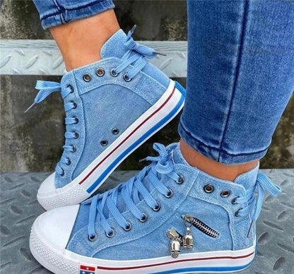 Women's Denim High-Top Sneakers with Lace-Up Closure – Casual Comfortable Footwear 0