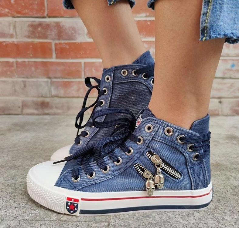 Women's Denim High-Top Sneakers with Lace-Up Closure – Casual Comfortable Footwear 2