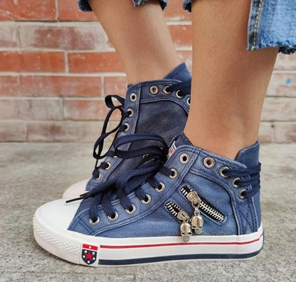 Women's Denim High-Top Sneakers with Lace-Up Closure – Casual Comfortable Footwear 2