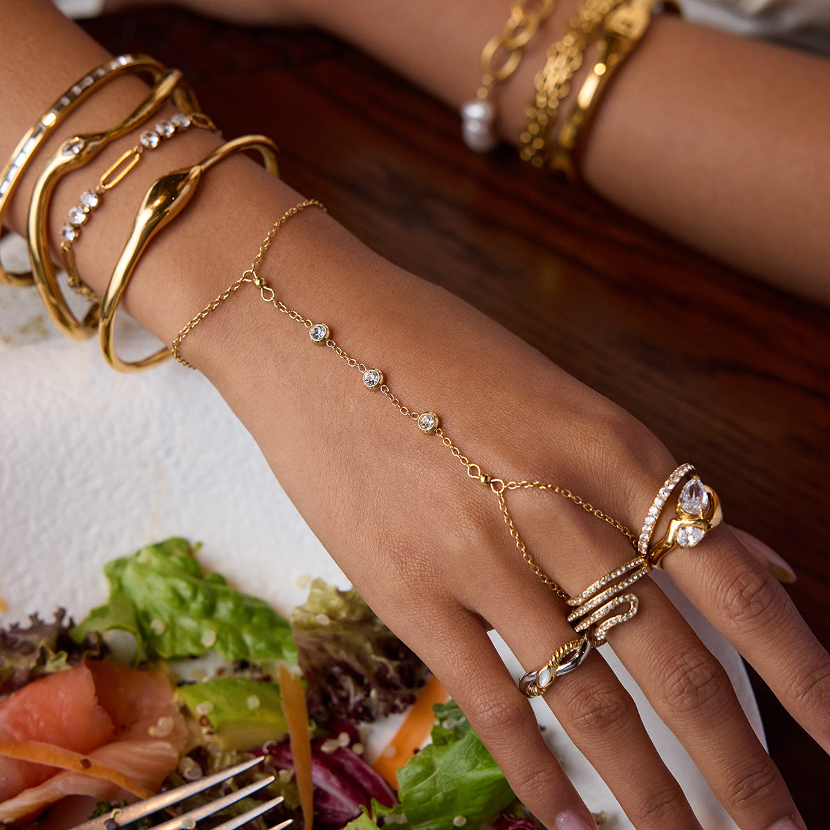 Women's Diamond Hand Chain Gold Stainless Steel 2
