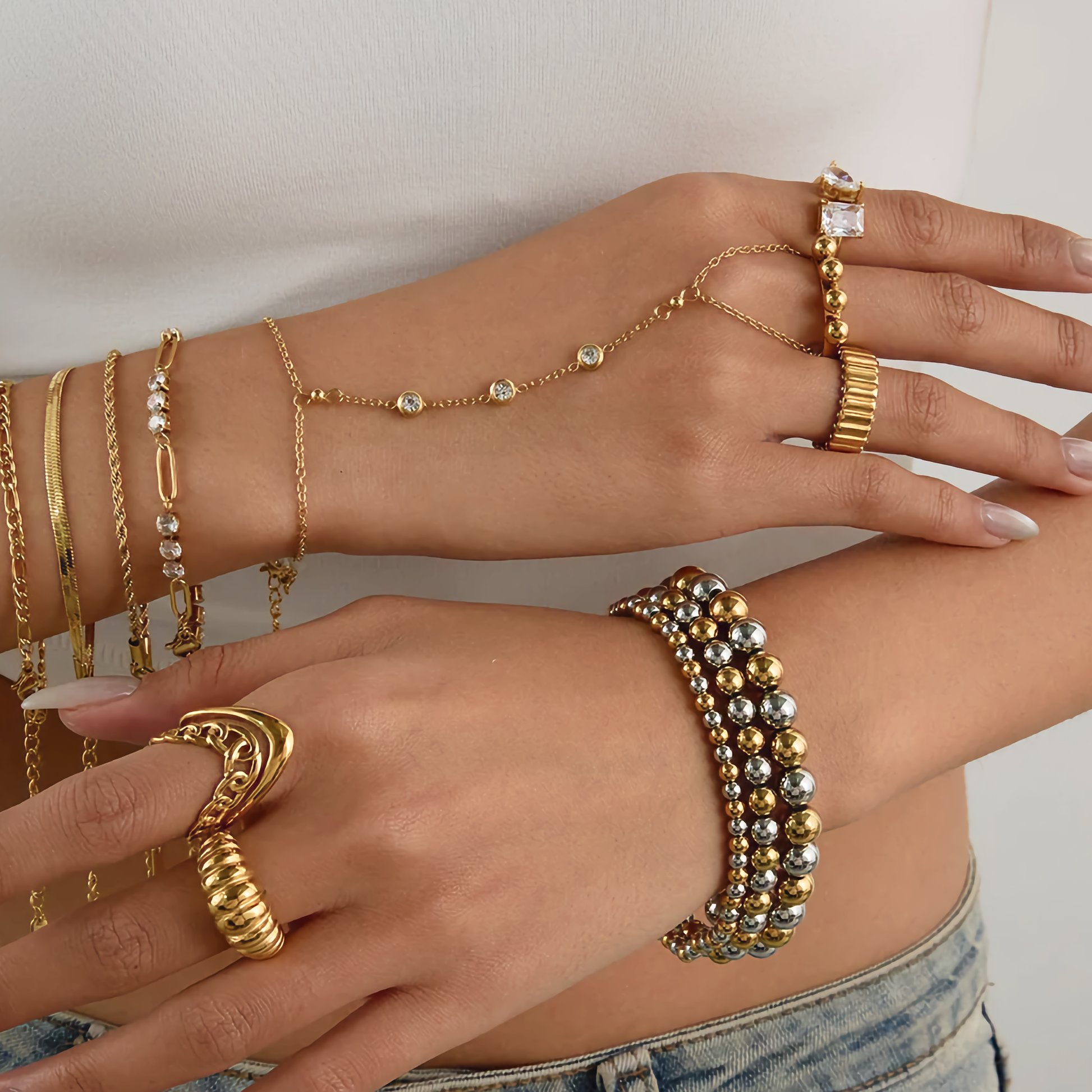 Women's Diamond Hand Chain Gold Stainless Steel 4