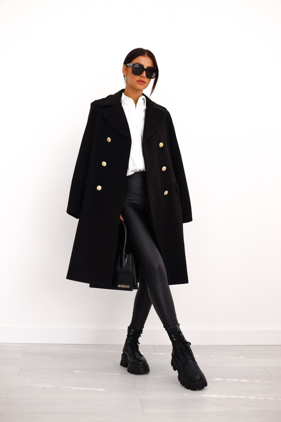 Women's Trench Coat Black Wool Double-Breasted with Gold Buttons - 1