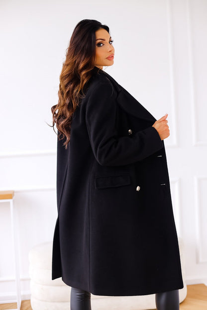 Women's Trench Coat Black Wool Double-Breasted with Gold Buttons - 4