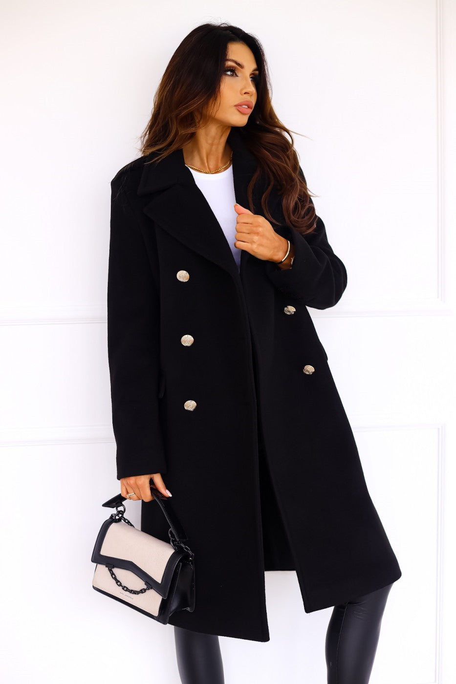 Women's Wool Trench Coat Black Elegant Double-Breasted - 5
