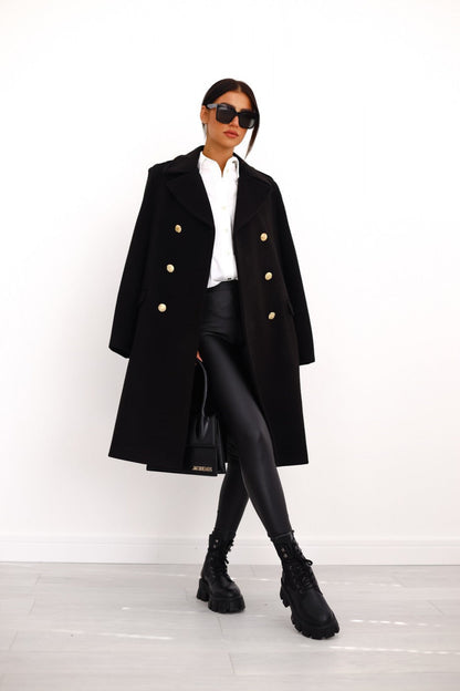 Women's Wool Trench Coat Black Elegant Double-Breasted - 6