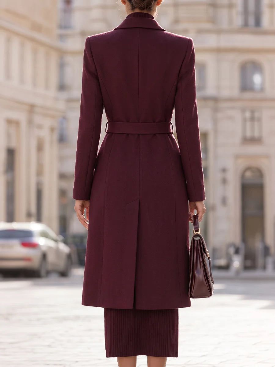 Women's Belted Peak-Lapel Long Coat in Burgundy – product view | Hensley London