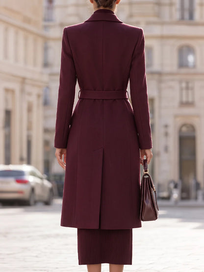 Women's Belted Peak-Lapel Long Coat in Burgundy – product view | Hensley London