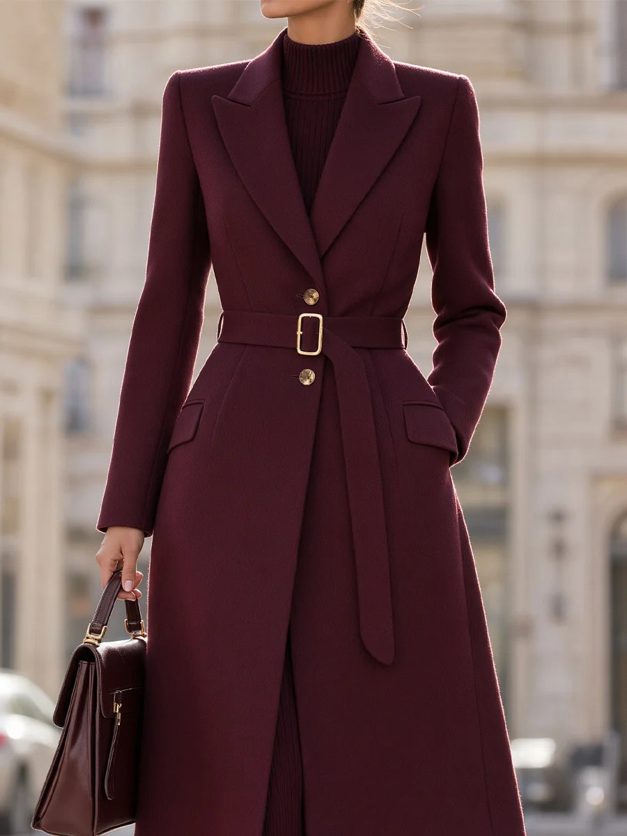 Women's Belted Peak-Lapel Long Coat in Burgundy – product view | Hensley London