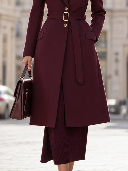 Women's Belted Peak-Lapel Long Coat in Burgundy – product view | Hensley London