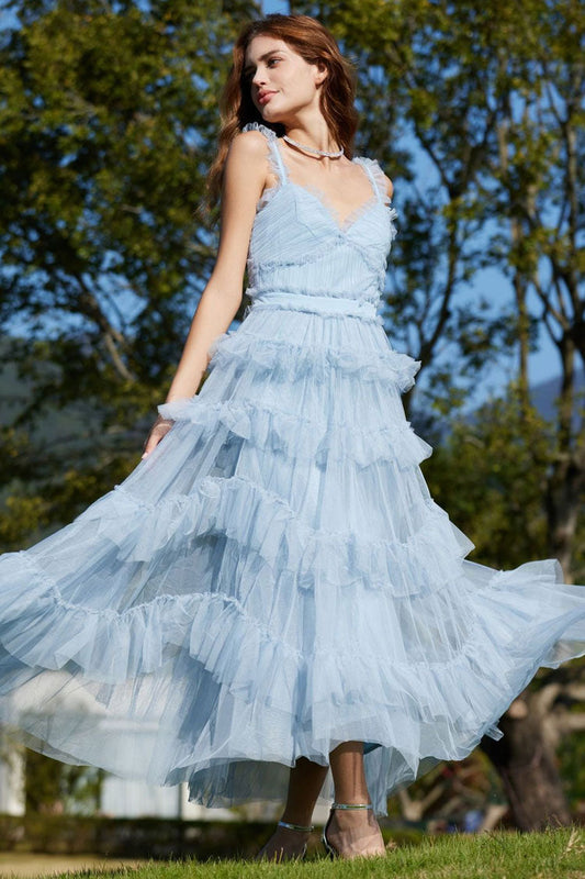 Women's Evening Maxi Dress Pale Blue Tulle 0