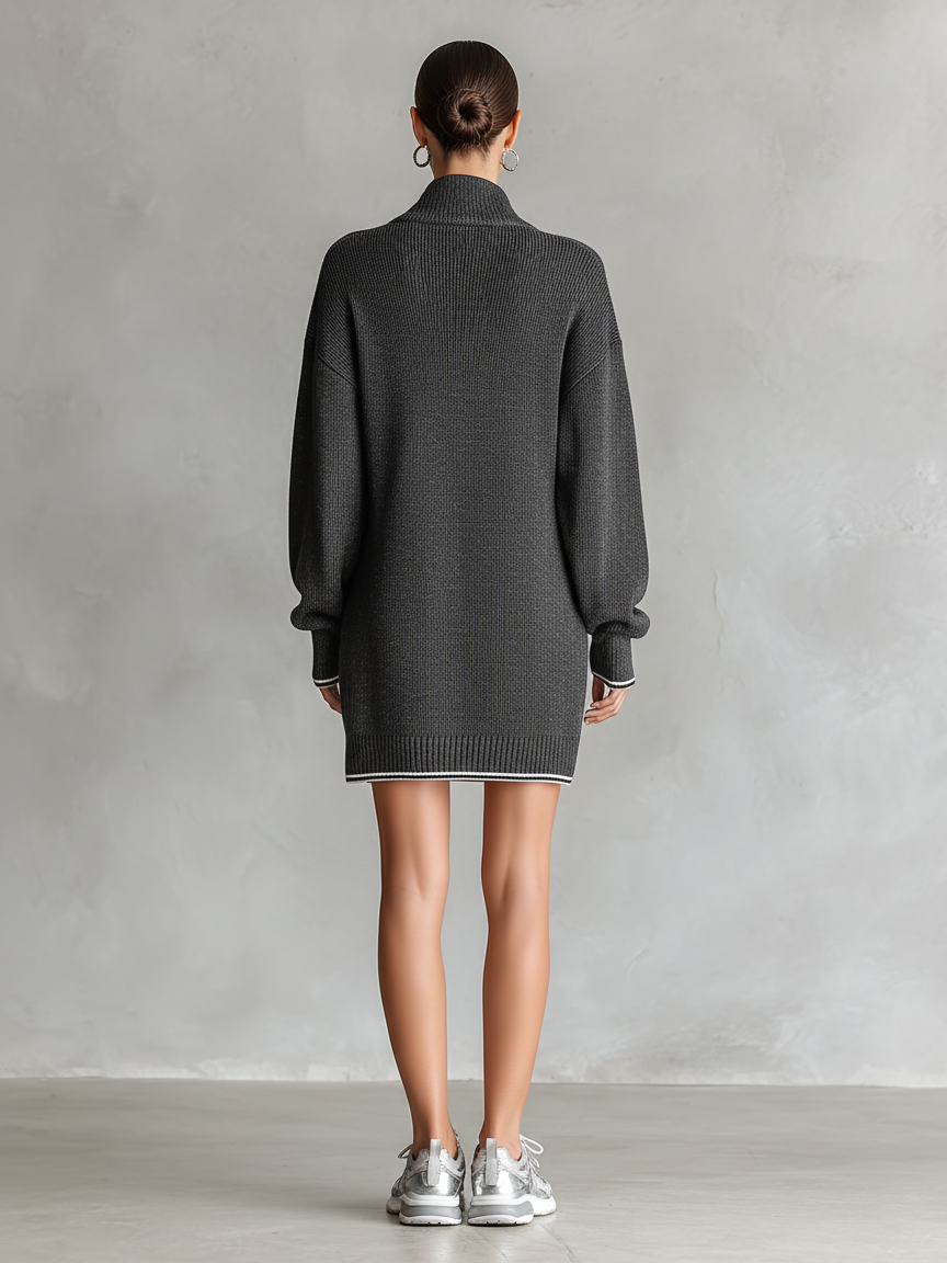 Women's Knit Zipper Polo Neck Mini Dress with White Trim – product view | Hensley London
