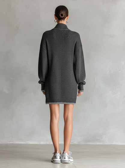 Women's Knit Zipper Polo Neck Mini Dress with White Trim – product view | Hensley London