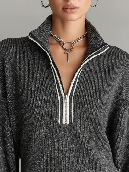 Women's Knit Zipper Polo Neck Mini Dress with White Trim – product view | Hensley London