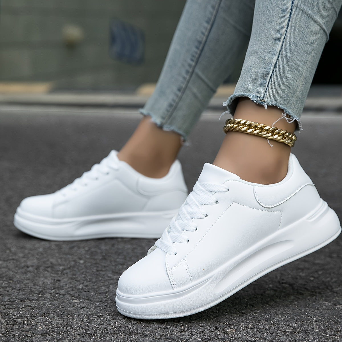 Women's Faux Leather White Sneakers – Minimalist Low-Top Design for All-Day Comfort 2
