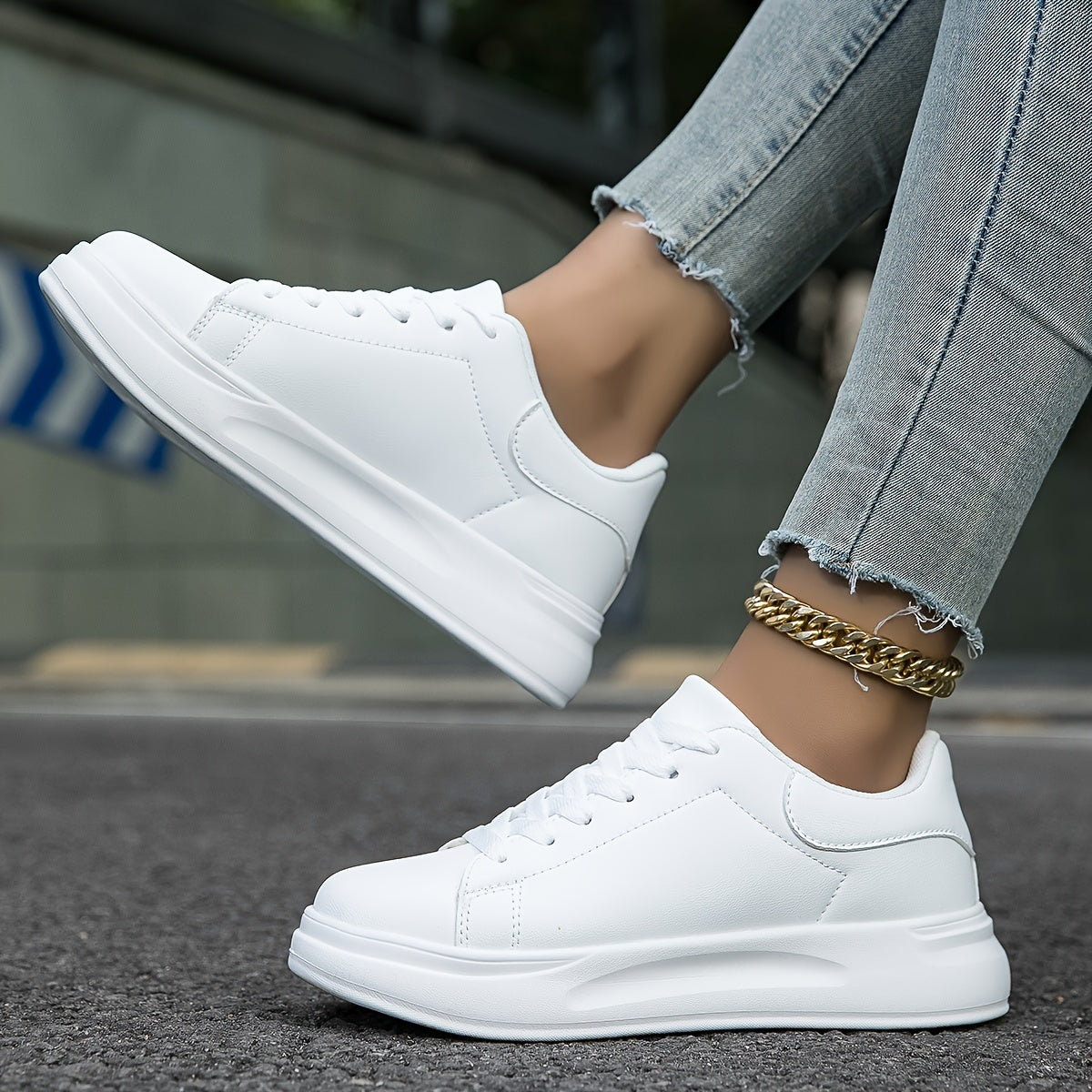 Women's Faux Leather White Sneakers – Minimalist Low-Top Design for All-Day Comfort 6