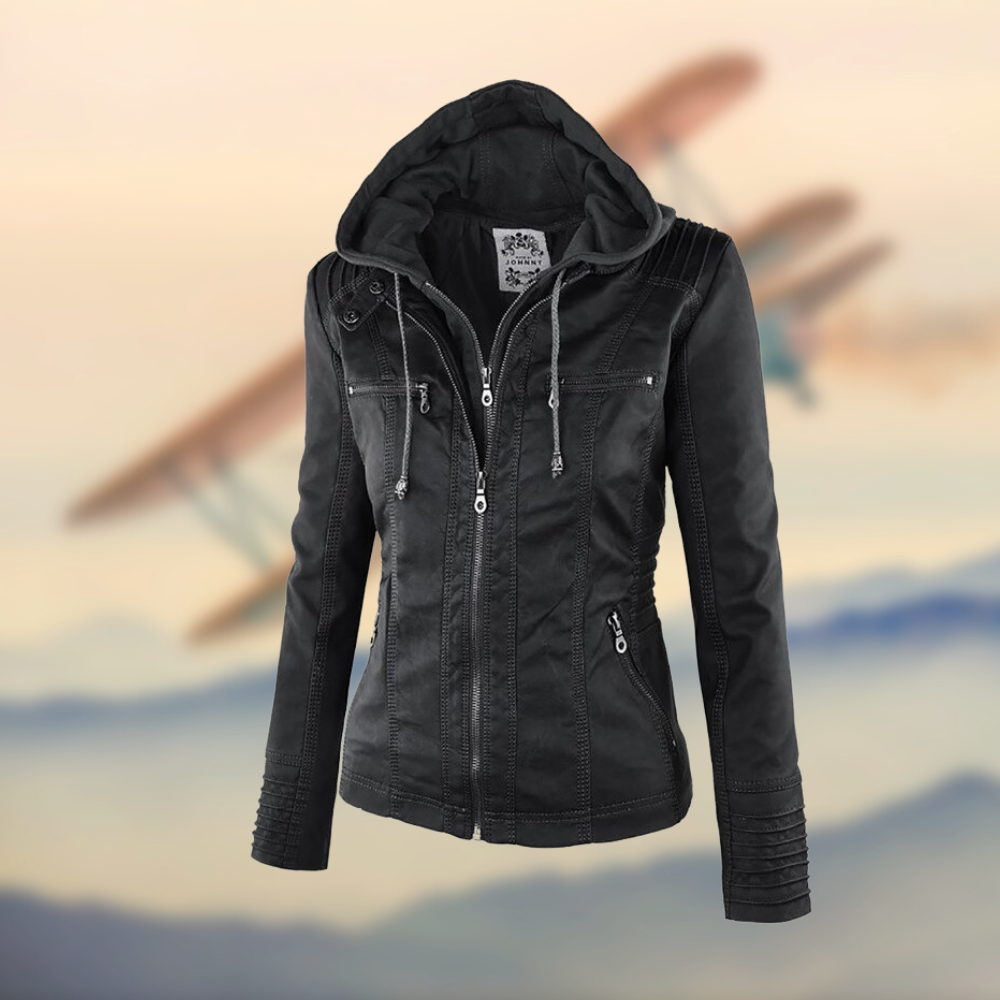 Women's Fitted Jacket Black PU Leather with Hood - 6