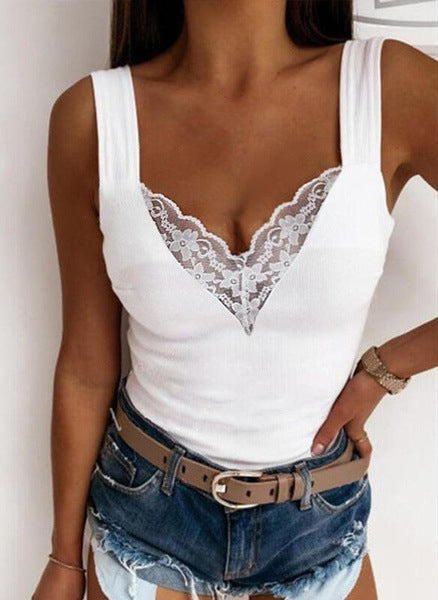 Women's Fitted Sleeveless Lace V-Neck Top – Lightweight Casual Summer Wear 0