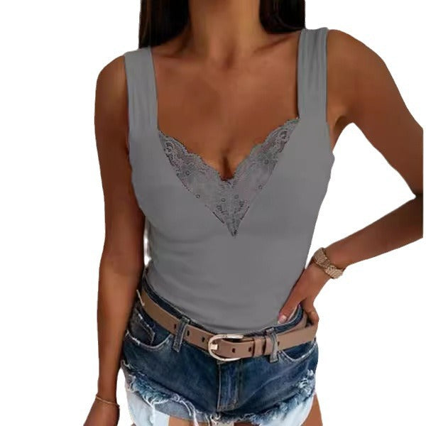 Women's Fitted Sleeveless Lace V-Neck Top – Lightweight Casual Summer Wear 1