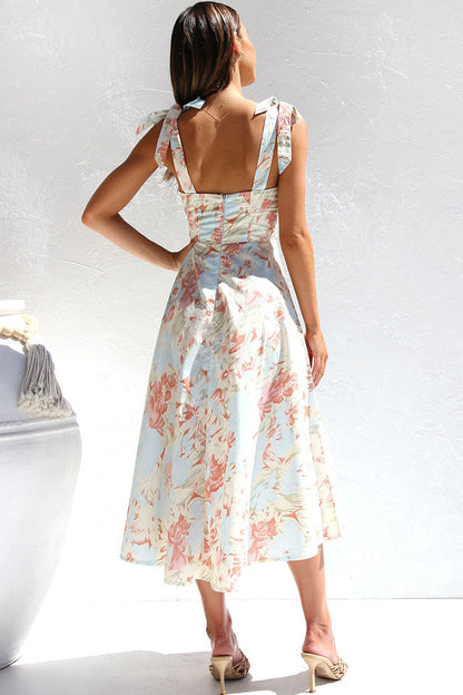 Women's Floral Midi Dress Light Blue Cotton Summer Dress