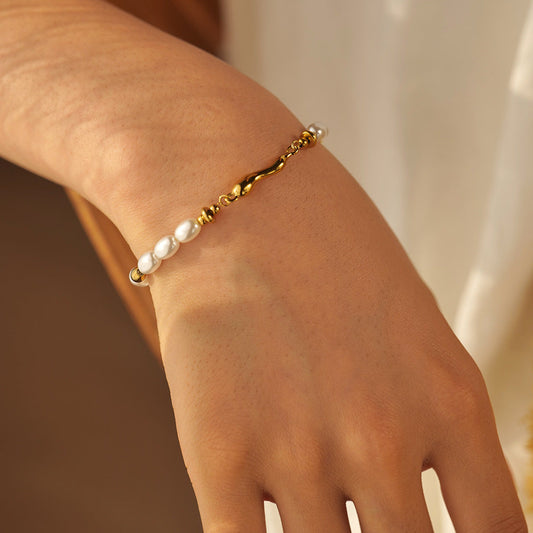 Women's Freshwater Pearl Bracelet Gold Stainless Steel 1