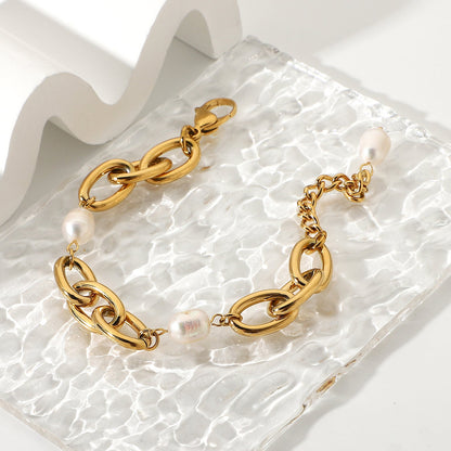 Women's Freshwater Pearl Bracelet Gold Stainless Steel 4