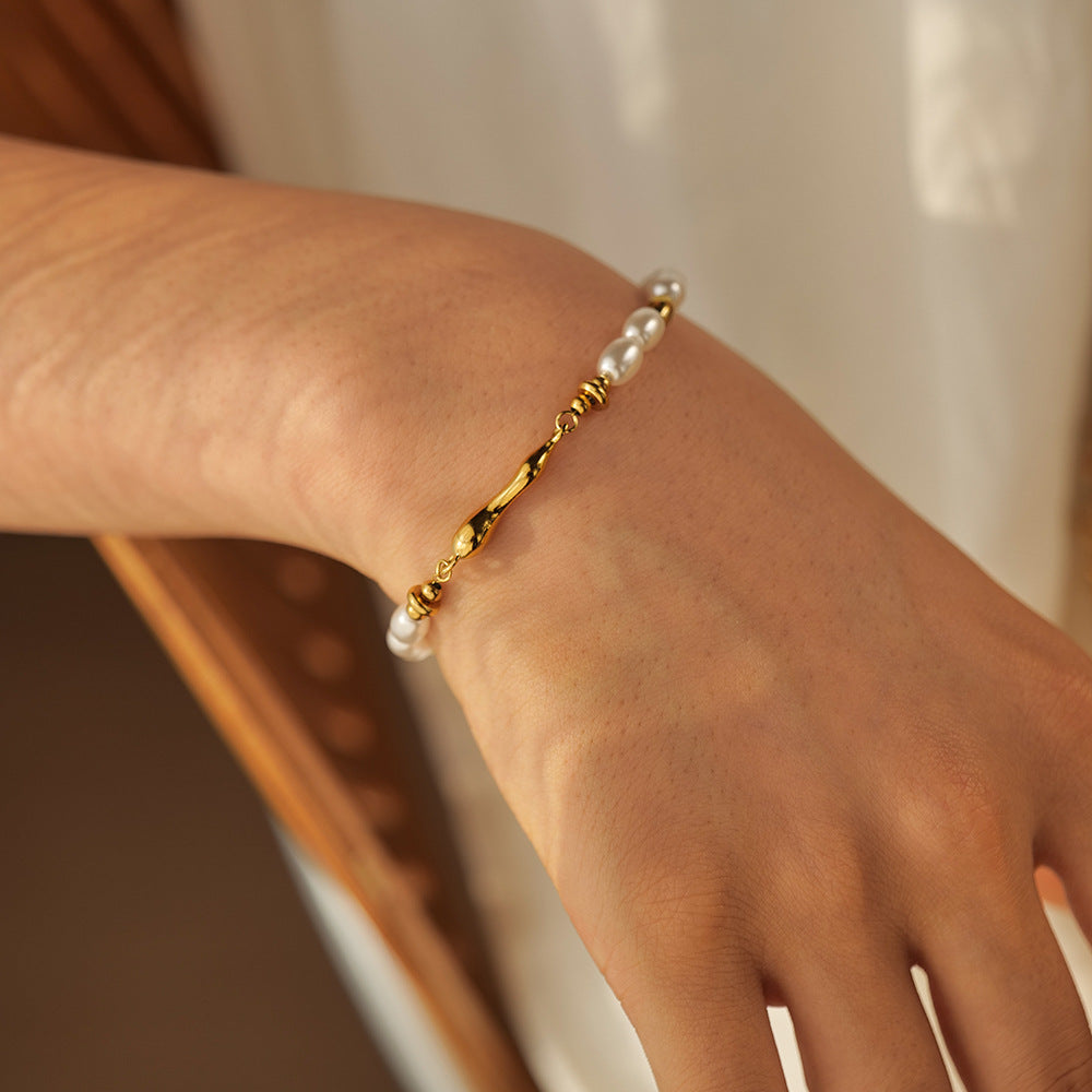 Women's Freshwater Pearl Bracelet Gold Stainless Steel 4