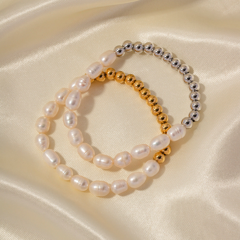 Women's Freshwater Pearl Bracelet Gold Stainless Steel 6