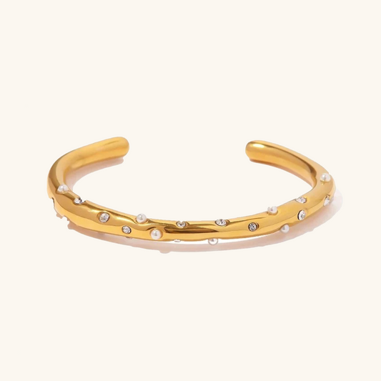 Women's Gold Bangle 18k Stainless Steel with Diamonds and Pearls 0