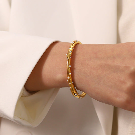 Women's Gold Bangle 18k Stainless Steel with Diamonds and Pearls 1