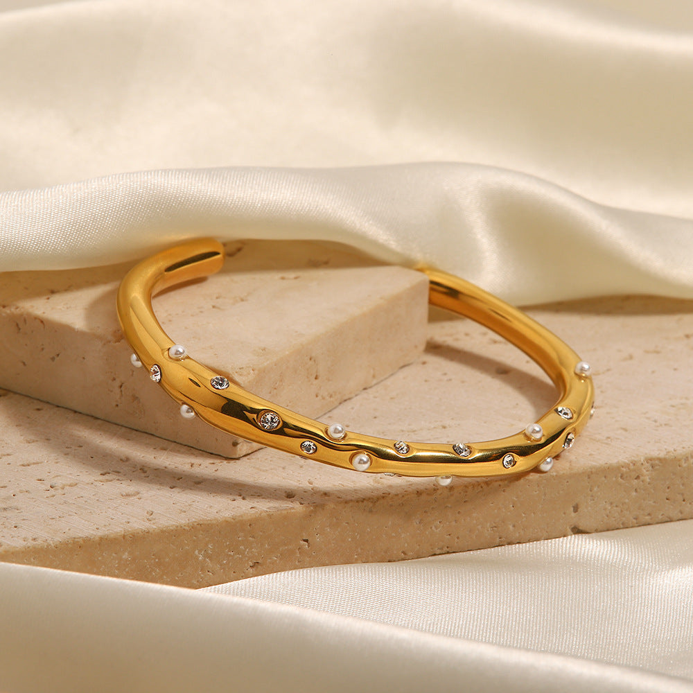 Women's Gold Bangle 18k Stainless Steel with Diamonds and Pearls 2