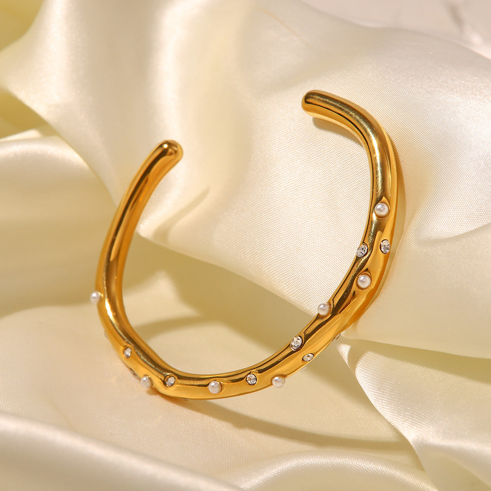 Women's Gold Bangle 18k Stainless Steel with Diamonds and Pearls 3