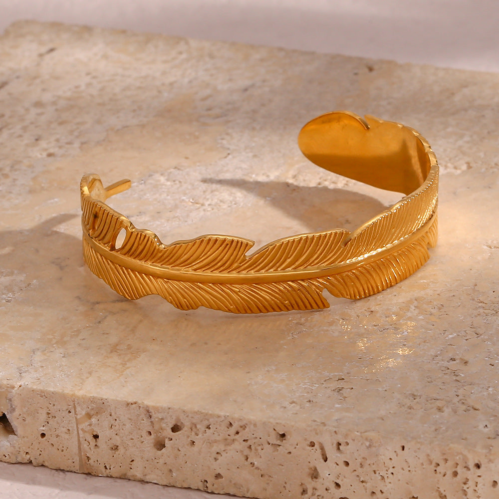 Women's Gold Bracelet 18K Waterproof Stainless Steel Angel's Feather Design 4
