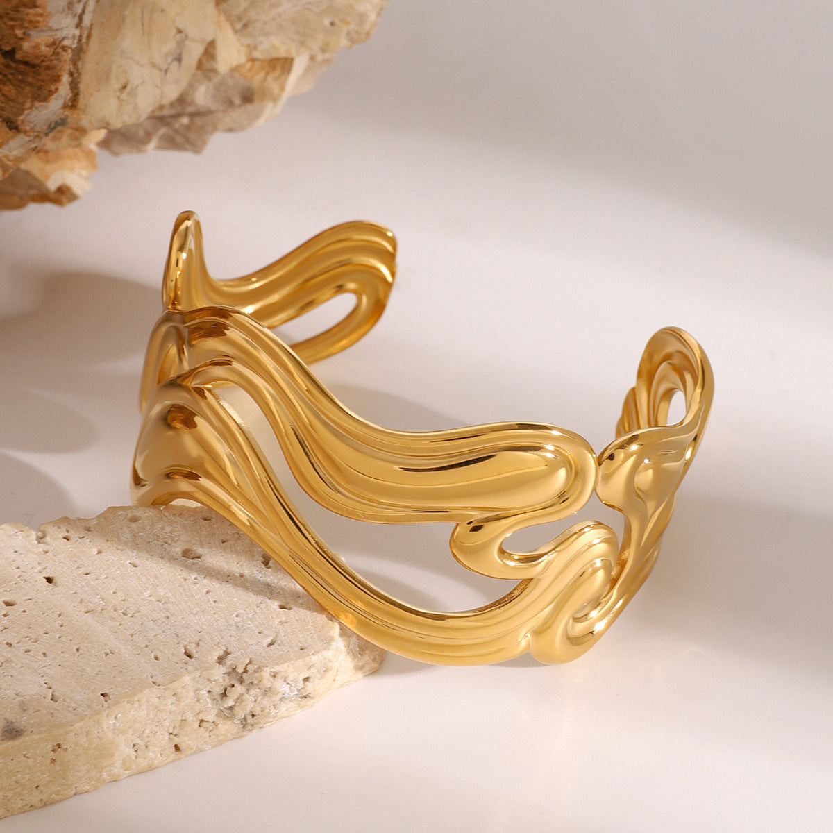 Women's Gold Bracelet Stainless Steel Open-Ended Wavy Design 2