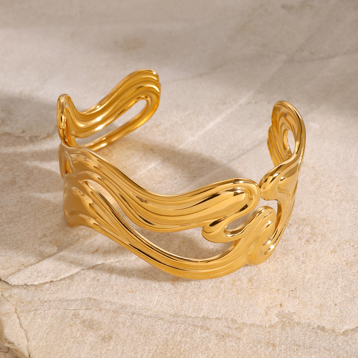 Women's Gold Bracelet Stainless Steel Open-Ended Wavy Design 3