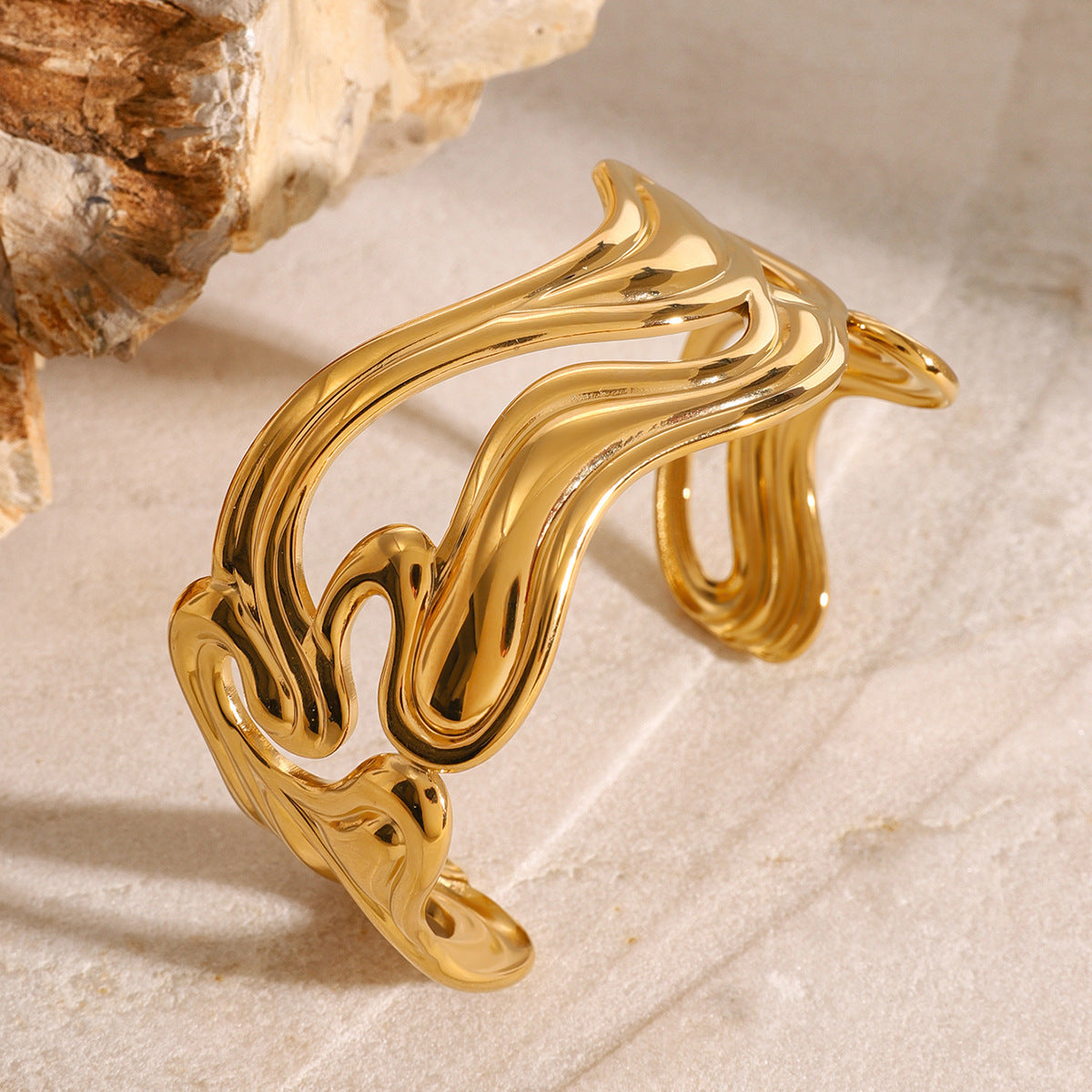 Women's Gold Bracelet Stainless Steel Open-Ended Wavy Design 4