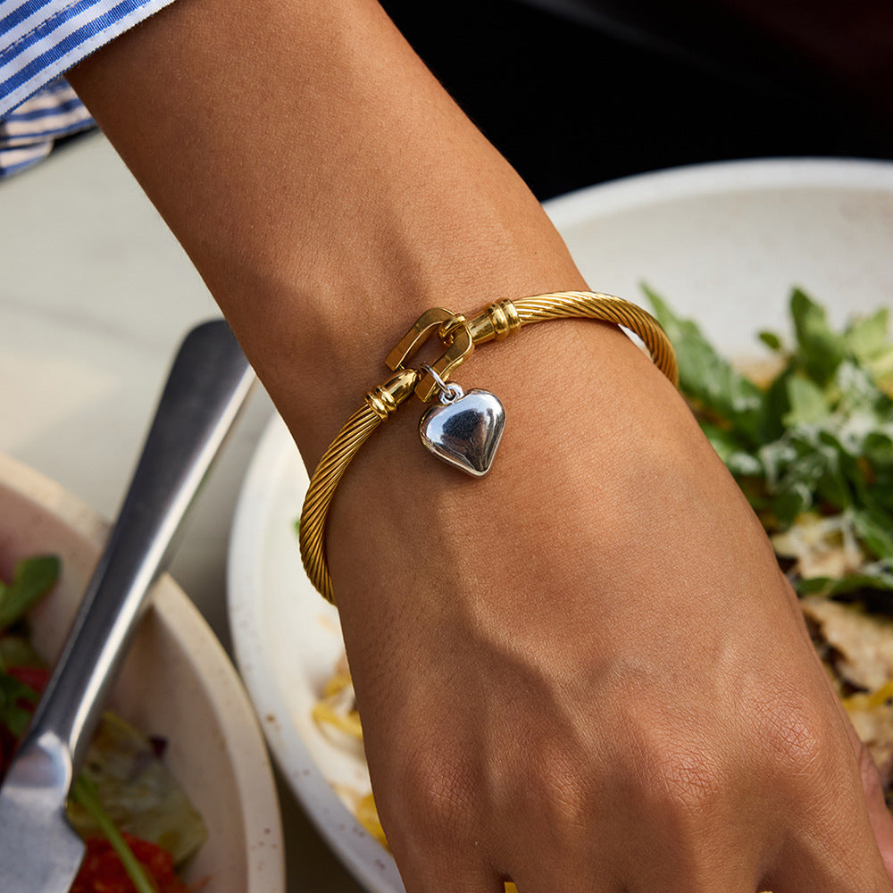 Women's Gold Bracelet with Silver Heart Charm Stainless Steel 3