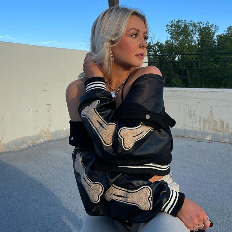 Women's Bomber Jacket Black Oversized Cotton with Graphic Details - 3