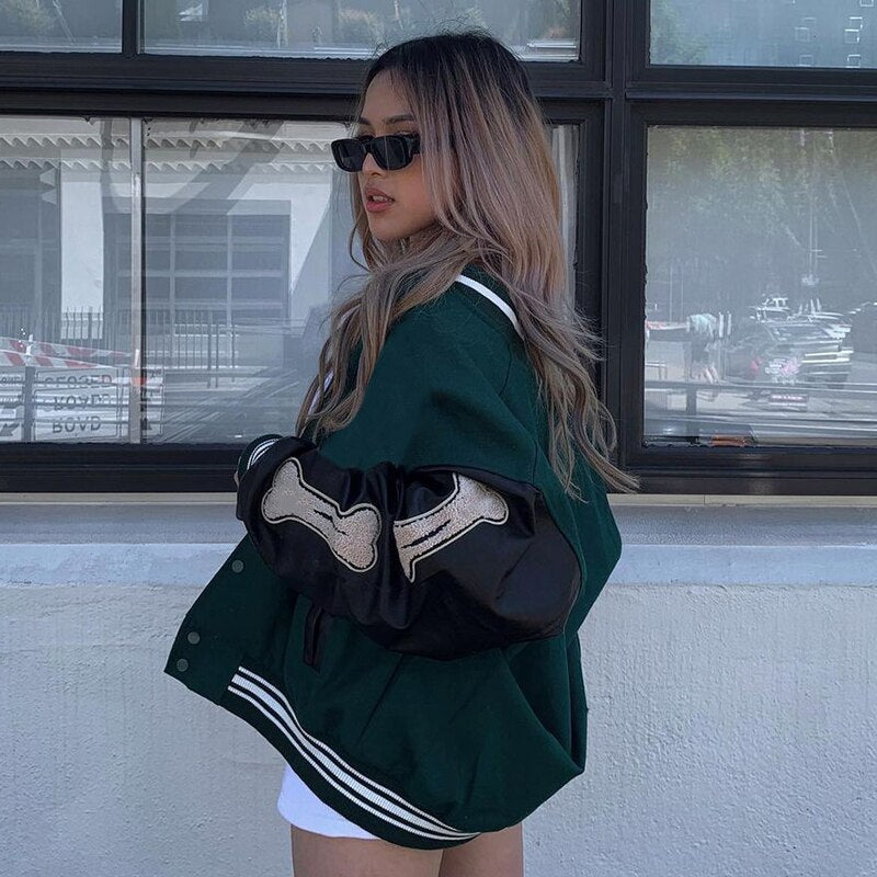 Women's Bomber Jacket Black Oversized Cotton with Graphic Details - 4