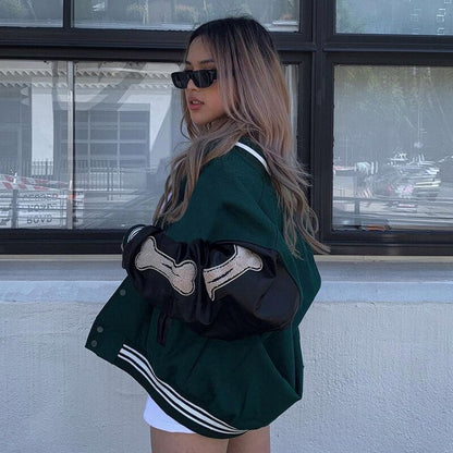 Women's Bomber Jacket Black Oversized Cotton with Graphic Details - 4