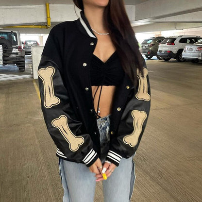 Women's Bomber Jacket Black Oversized Cotton with Graphic Details - 6