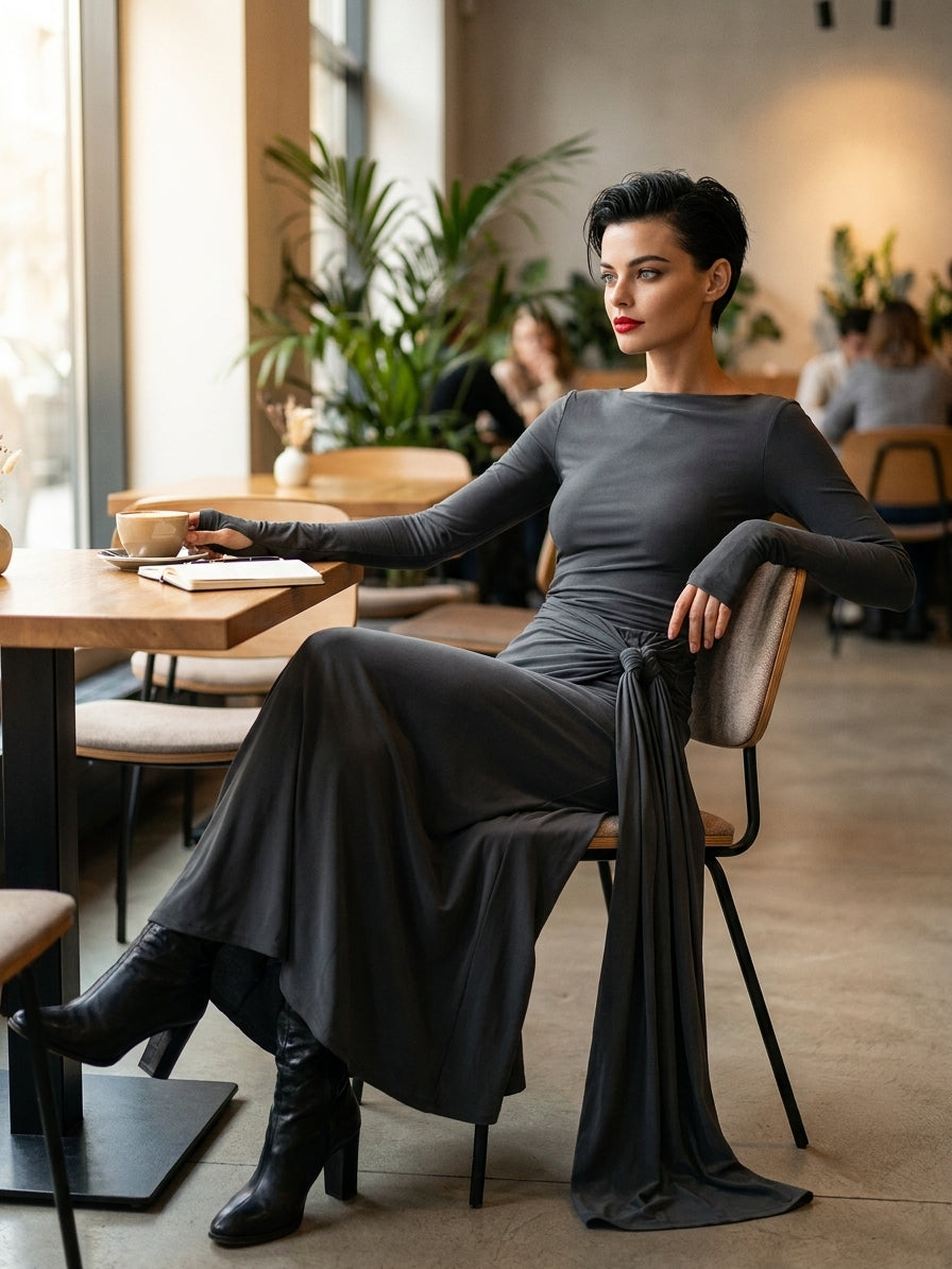 Women's Long-Sleeve Knotted Wrap Maxi Dress in Grey - additional view 2 | Hensley London
