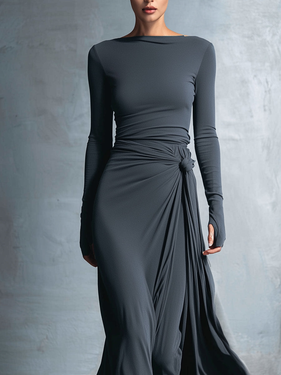Women's Long-Sleeve Knotted Wrap Maxi Dress in Grey - additional view 3 | Hensley London