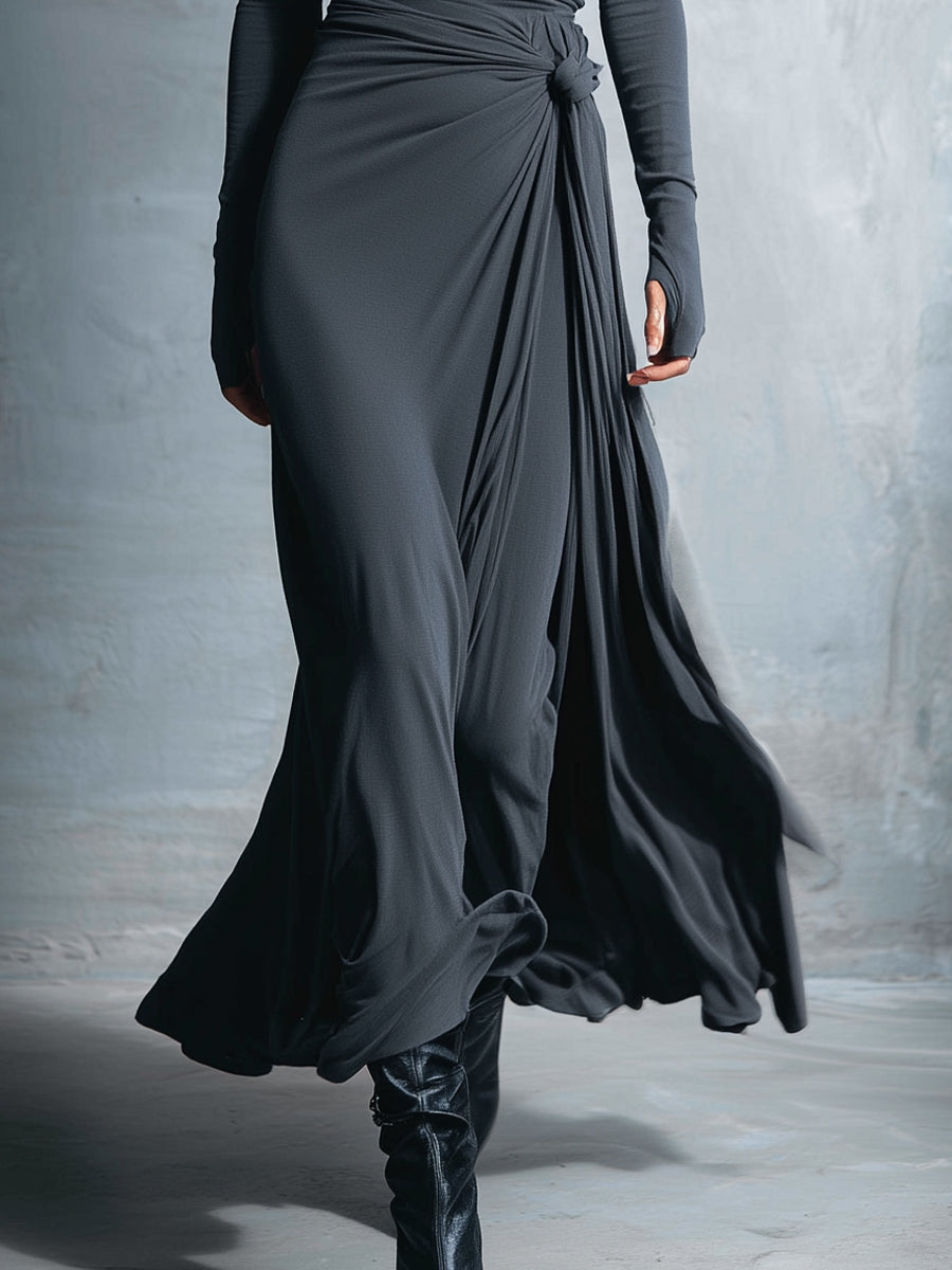 Women's Long-Sleeve Knotted Wrap Maxi Dress in Grey - additional view 4 | Hensley London