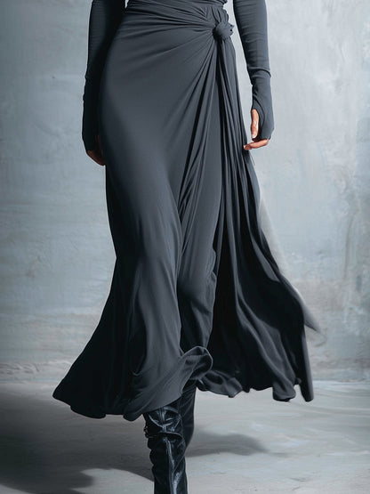 Women's Long-Sleeve Knotted Wrap Maxi Dress in Grey - additional view 4 | Hensley London