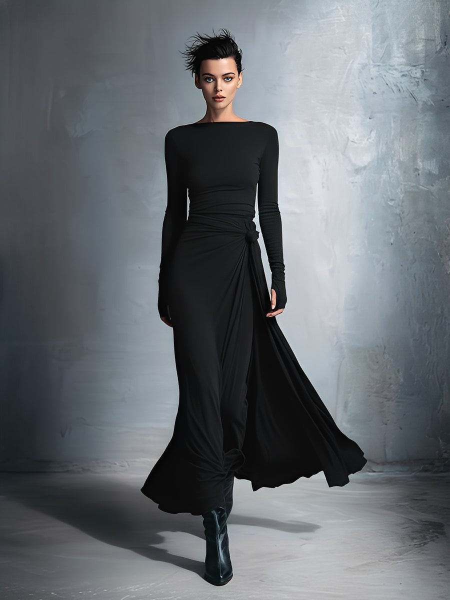 Women's Long-Sleeve Knotted Wrap Maxi Dress in Black - additional view 5 | Hensley London