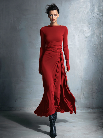Women's Long-Sleeve Knotted Wrap Maxi Dress in Burgundy - additional view 6 | Hensley London