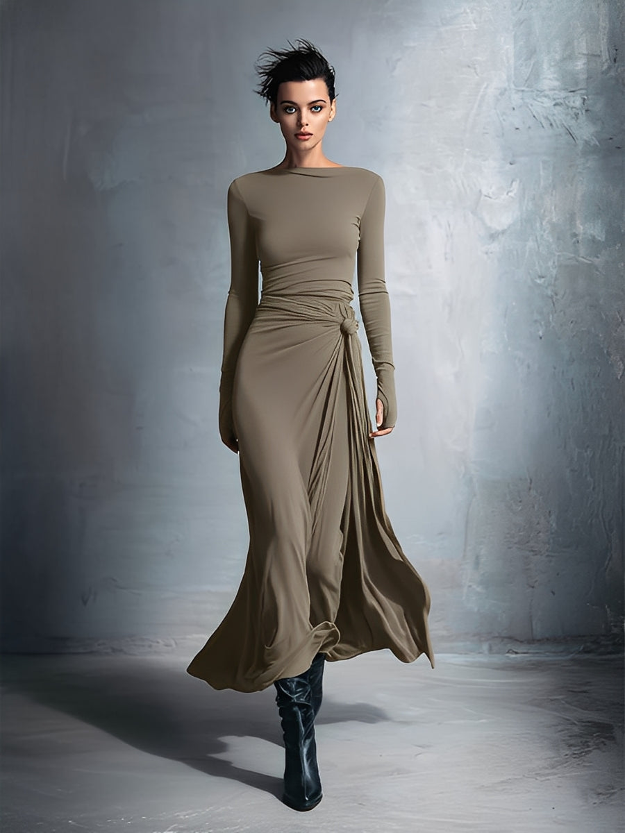 Women's Long-Sleeve Knotted Wrap Maxi Dress in Khaki - additional view 7 | Hensley London