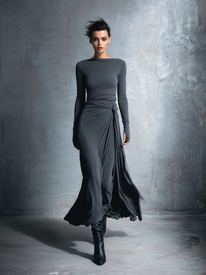 Women's Long-Sleeve Knotted Wrap Maxi Dress in Khaki - additional view 8 | Hensley London