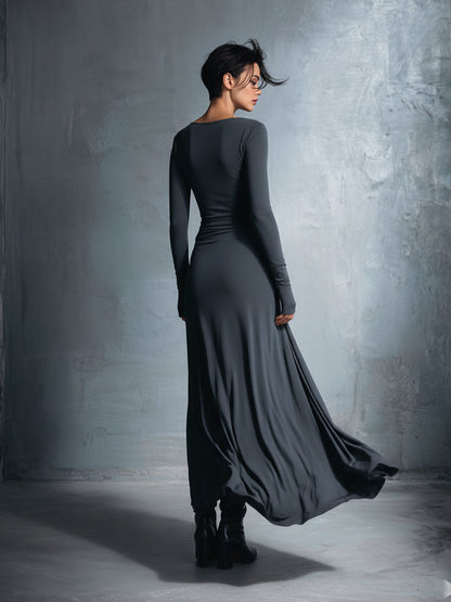 Women's Long-Sleeve Knotted Wrap Maxi Dress in Khaki - additional view 9 | Hensley London